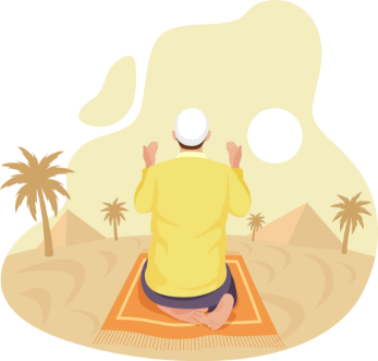 Illustration of a person in prayer on a rug, hands raised, framed by palms and desert dunes